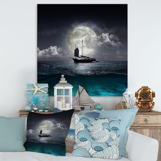 Designart - Fisher Boat On The Lake During Full Moon